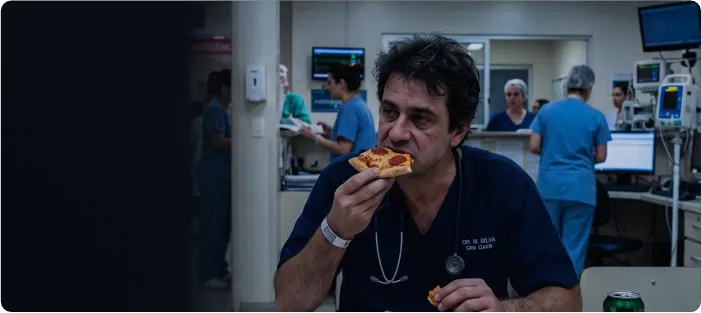 Médico se alimentando no plantão